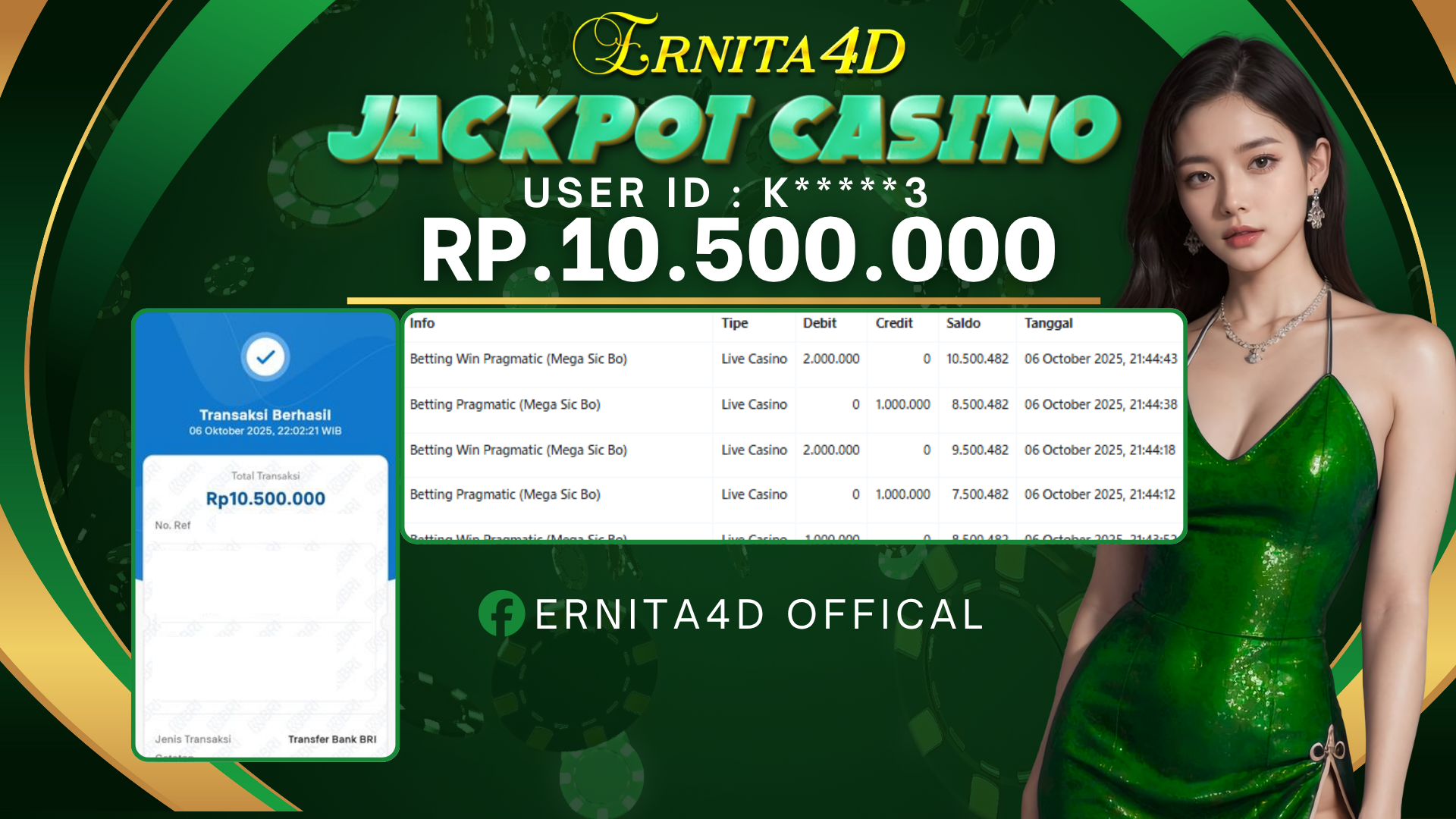 ERNITA4D JACKPOT DI LIVE CASINO MEGA SICBO Rp. 10.500.000 , LUNAS