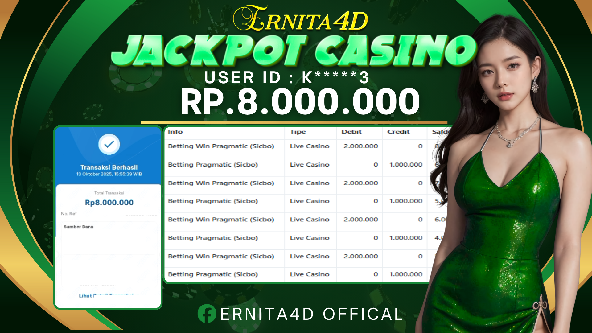 ERNITA4D JACKPOT DI LIVE CASINO PRAGMATIC SICBO Rp. 8.000.000 , LUNAS