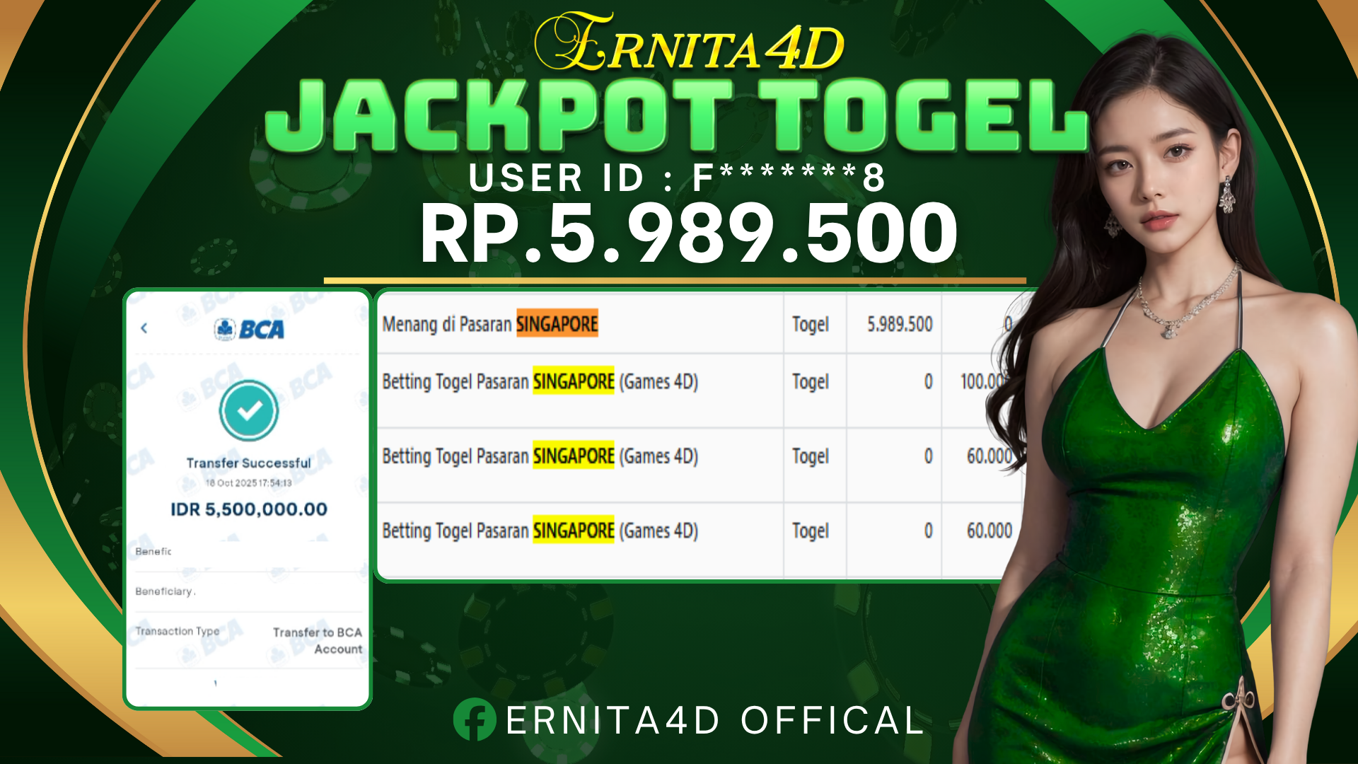 ERNITA4D JACKPOT DI TOGEL SINGAPORE POOLS Rp. 5.989.500 , LUNAS