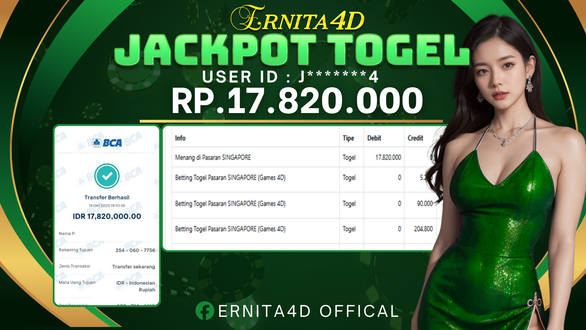 ERNITA4D JACKPOT DI TOGEL SINGAPORE POOLS Rp. 17.820.000 , LUNAS