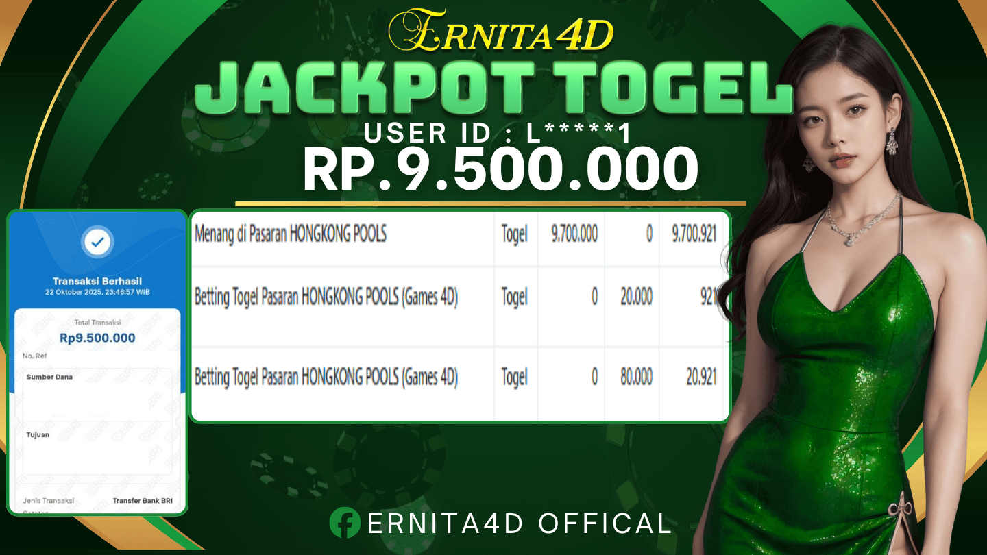 ERNITA4D JACKPOT DI TOGEL HONGKONG POOLS Rp. 9.500.000 , LUNAS